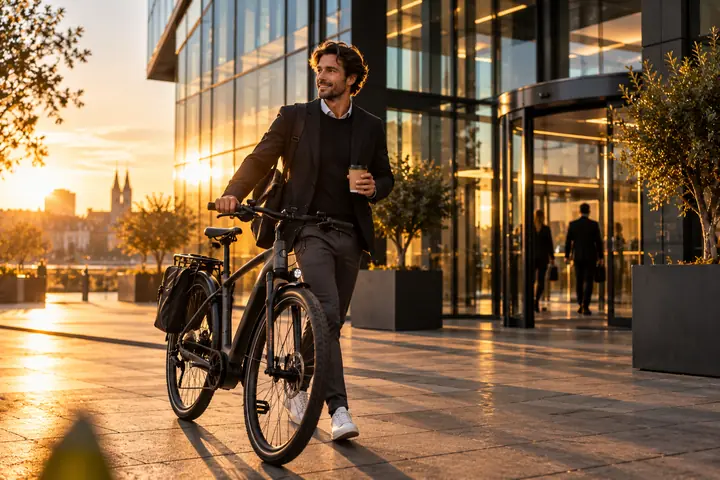 Berufstätiger schiebt sein E-Bike morgens vor ein modernes Bürogebäude
