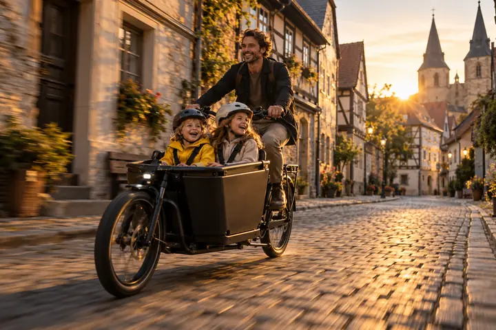 Vater fährt mit zwei Kindern im Lastenrad durch eine Altstadtstraße