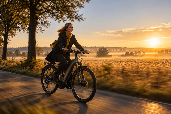 Pendlerin auf einem Trekking-E-Bike bei Sonnenaufgang zwischen Feldern