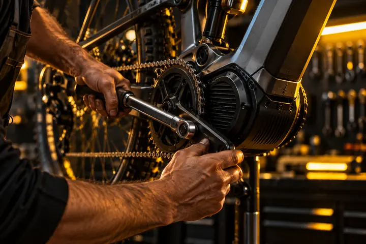 Hände eines Mechanikers stellen den Mittelmotor eines E-Bikes ein